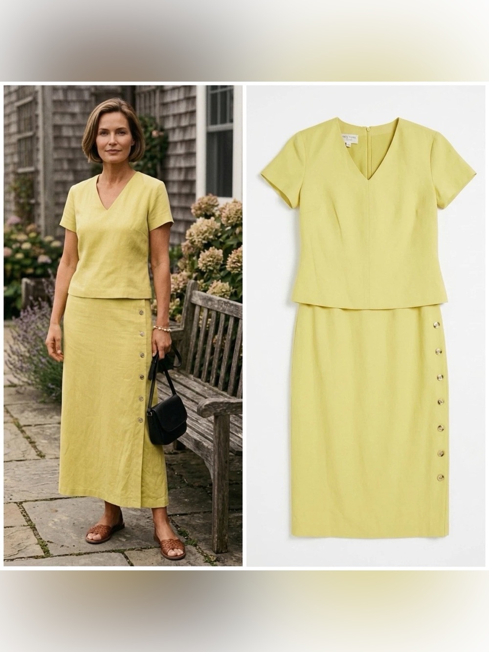 Jones New York Vintage Silk and Linen Yellow Short Sleeve Button Down Midi Gown